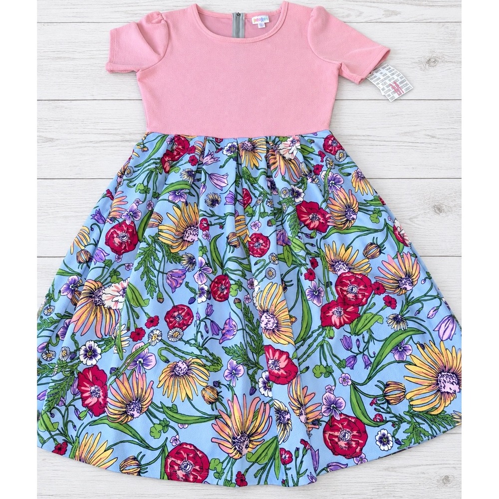 LuLaRoe Amelia Dress Pink Floral Short Sleeve Fit & Flare Exposed Zipper Med NWT